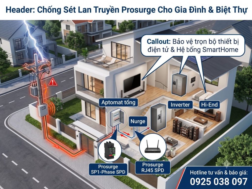 Chống Sét Nhà Ở Dân Dụng & Biệt Thự SmartHome Bằng SPD Prosurge 200kA