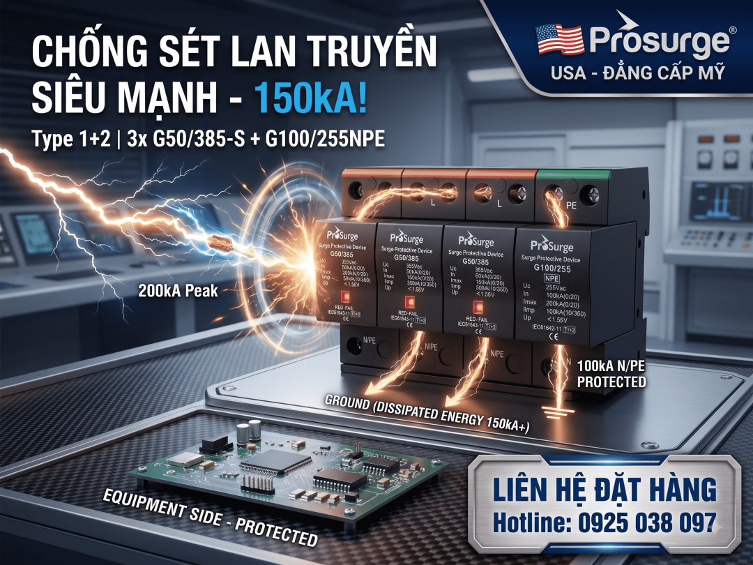 Chống sét lan truyền 150kA type 1+2 3x G50/385-S + G100/255NPE Prosurge 4 Chống Sét Lan Truyền 150ka Type 1+2 Spd 3p Spd