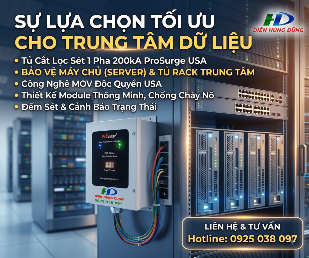 Chống Sét Cho Máy Chủ Server Spd chống sét tủ Rack, tủ chống sét Server, chống sét lan truyền Server, SPD 1 pha 200kA, Prosurge USA