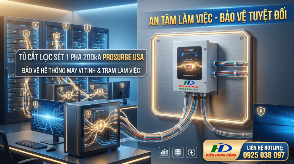 Tủ cắt lọc sét 1 pha 200kA Prosurge bảo vệ máy vi tính và Workstation 1 Chống Sét Cho Máy Tính Spd chống sét Workstation, chống sét máy vi tính, chống sét lan truyền máy tính, SPD máy tính, Prosurge 200kA